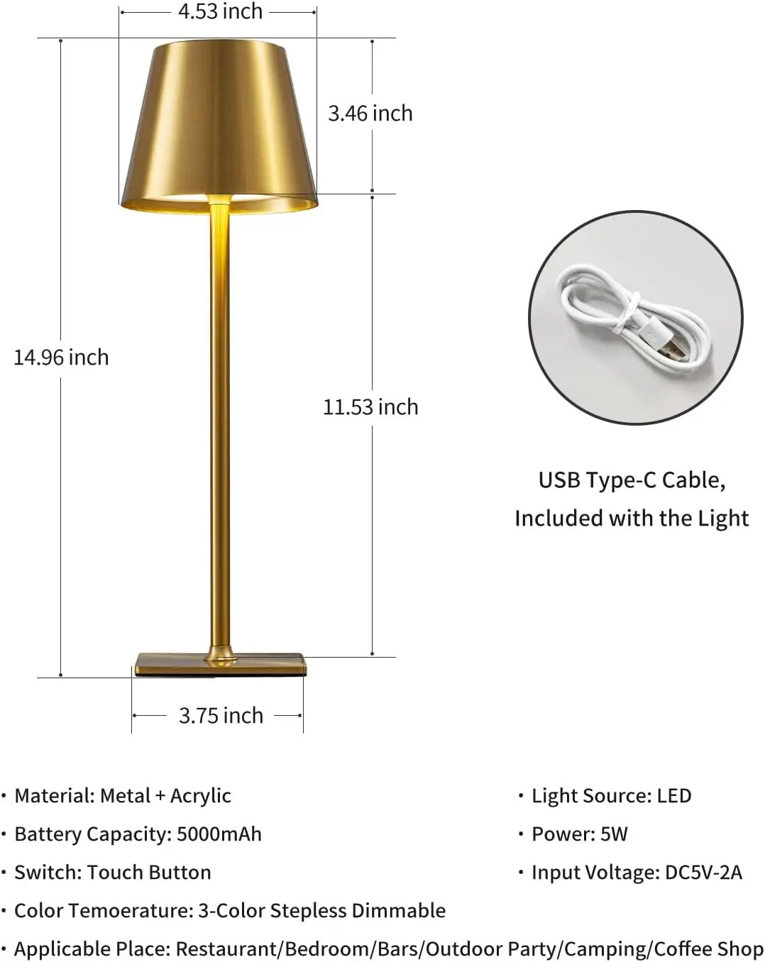 Outdoor Touch Table Lamps Desk Modern Bedroom Light Rechargeable Bar Cordless Restaurant Table Lamp with USB Charging Port