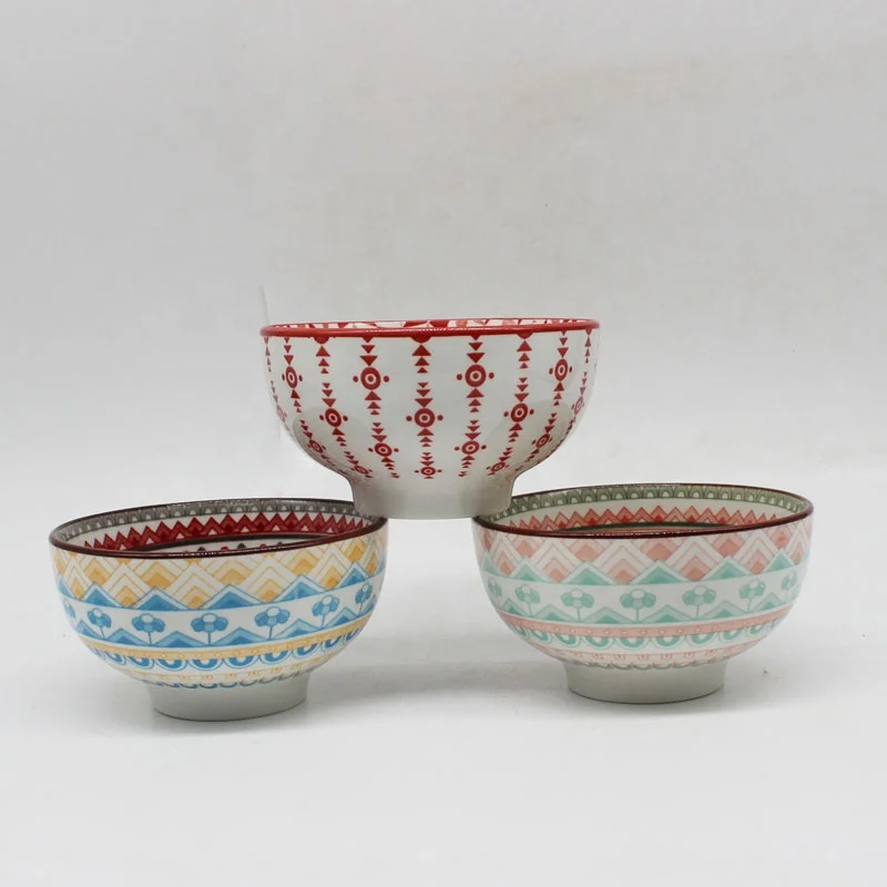 6.5 inch Wholesale Stoneware Bowl with Retro Pad Printing Patterns Ceramic Soup Bowl Customized Various Patterns for Kitchen
