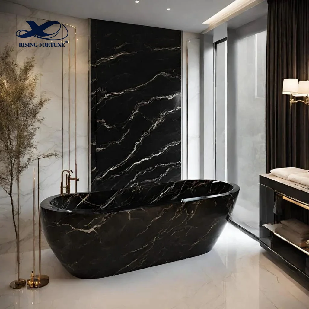 RF High Quality Large Size Customized Real Stone Black Marble Round Bathtub Floor Free Standing Bath Tub