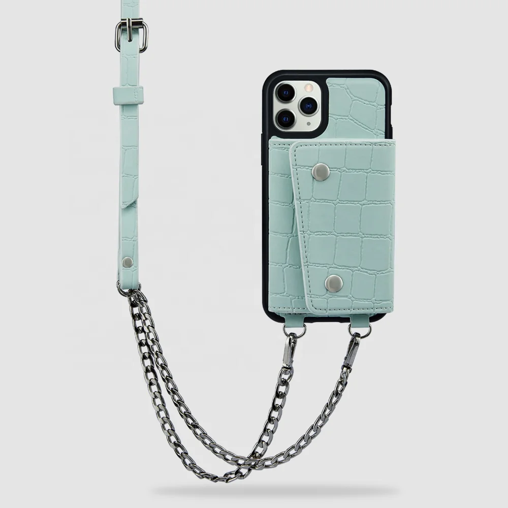 Custom Fashion Luxury Leather Mint Green Mobile Phone Case with Crossbody Strap