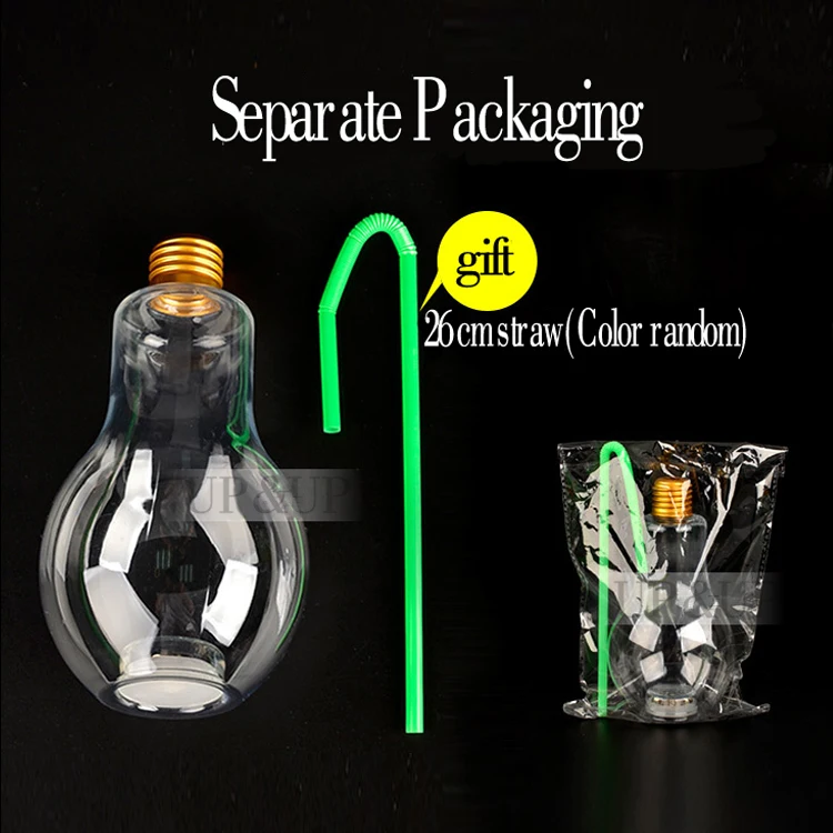 300ml 10oz Juice Coffee Beverage Disposable Light Bulb Shape PET Plastic Bottle With Led Lamp For Decorated
