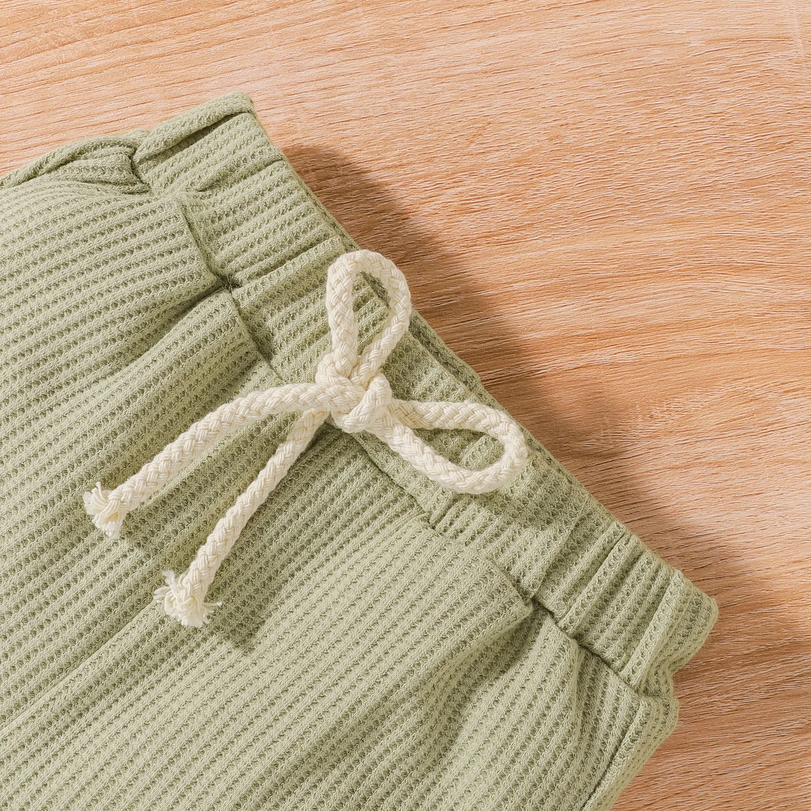 17324 Logo Custom Children Baby Boys Girls Long Sleeve Top Draw-string Shorts Cotton Toddler Waffle Kids Set