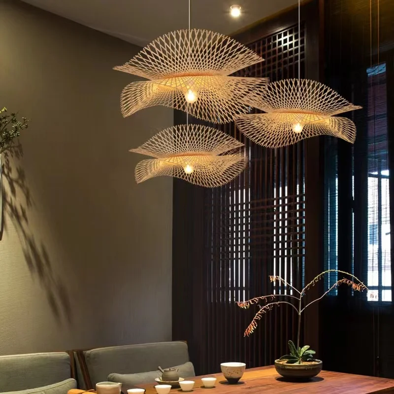 HITECDAD Classic Chinese Chandelier  Bamboo Straw Hat Lamps Perfect for Elegant Dining Room and Timeless Study