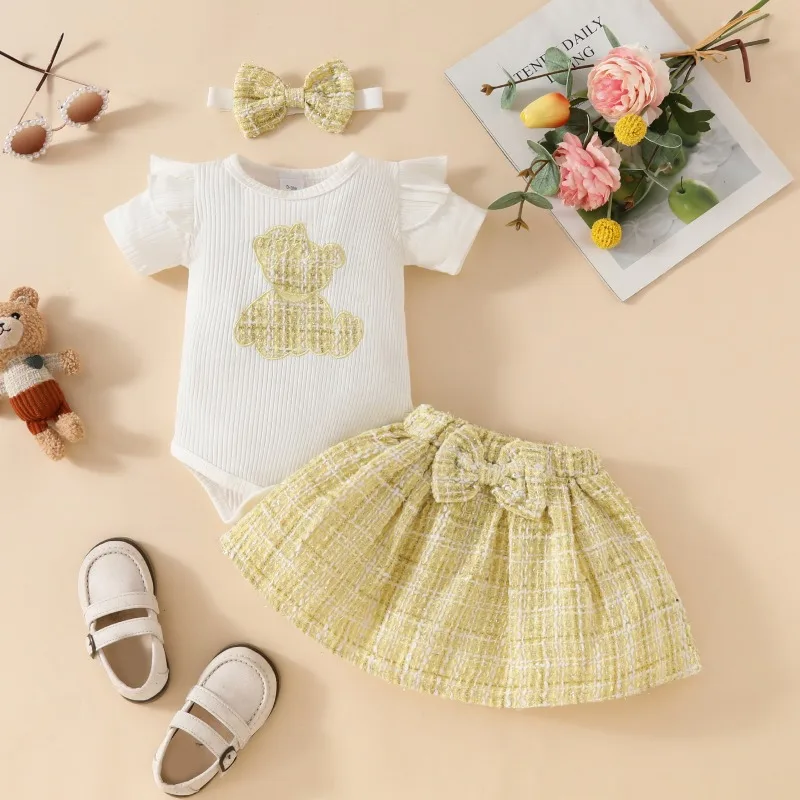baby clothes set 0-3 month wholesale baby boy summer clothes set baby new born clothing sets embroider bodysuit +skirt+headband