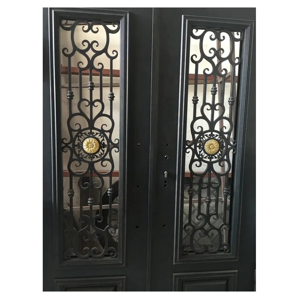 Prima Exterior metal black Villa Main Entry Door New Design Arch Decorative Grille Double Wrought Iron Entrance Front Doors
