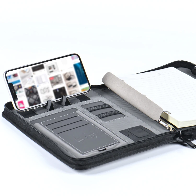 Vip Gift Pu Leather A5 Powerbank File Holder Document Print Logo Zipper Smart Powerbank Notebook Portfolio