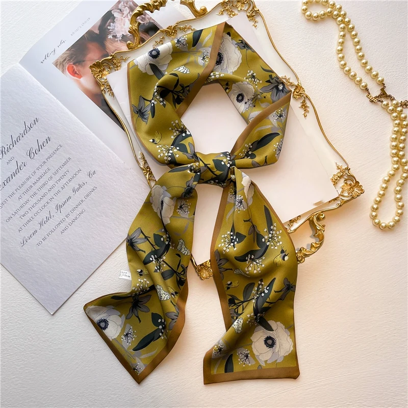 Spring Summer Satin Long Hair Tie Bag Wrist Scarf For Women Hair Accessory New Print Bag Ribbons Head Scarf Neckerchief