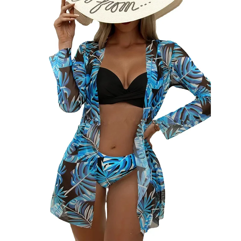 European and American three piece swimsuit bikini shawl mesh split bikini sexy backless hard wrap long sleeved swimsuit