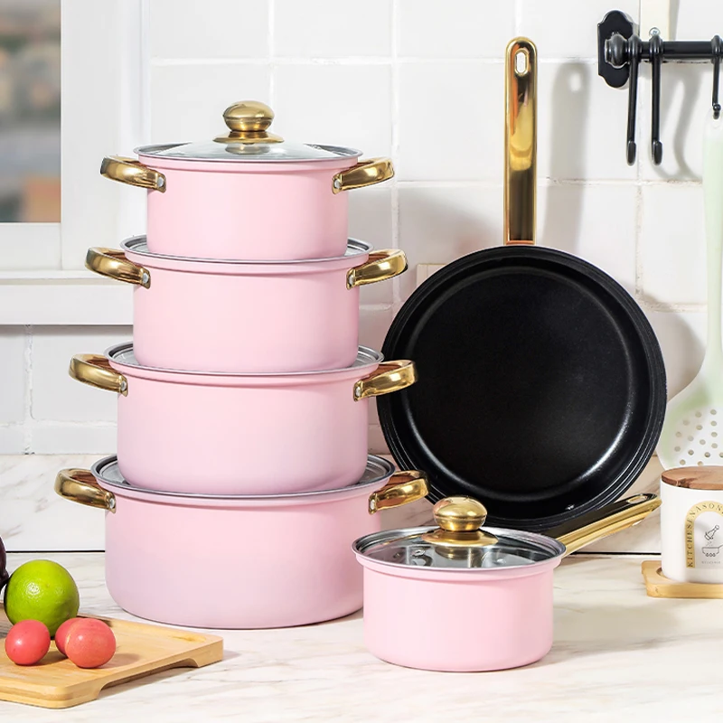 12 Pcs Pink Casseroles Soup Stock Pots Cast Iron Frying Pan Stainless Steel Cooking Pots And Pans Non Stick Cookware Sets