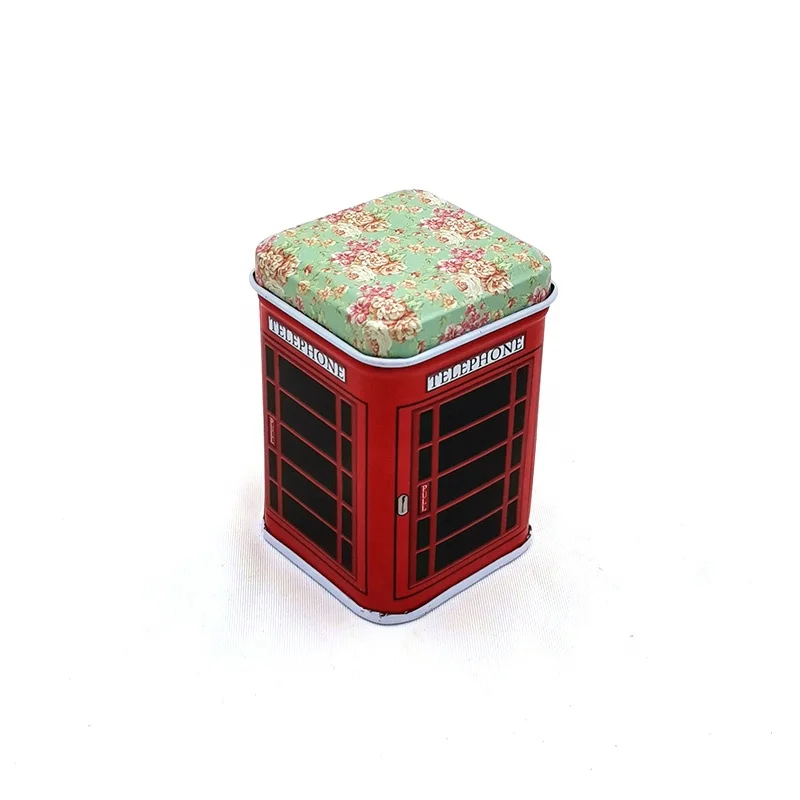 Wholesale cheap square telephone booth small mini gift box tin for candy cookie packaging