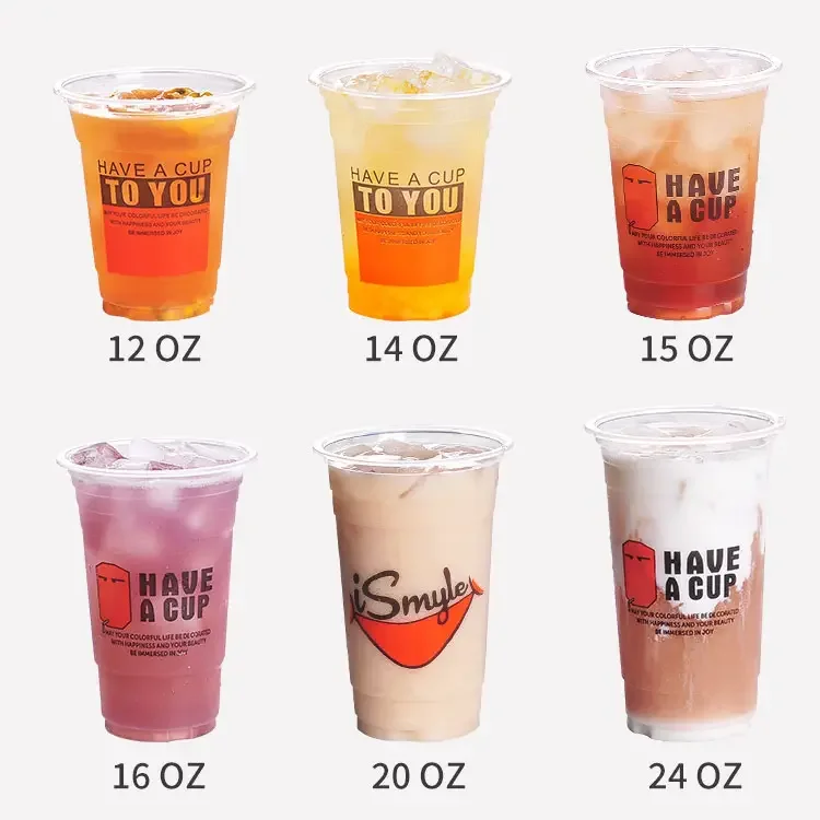 Custom logo printed clear 9,11,12, 14, 16, 18, 20, 24 , 32 oz PP PET transparent disposable plastic boba cup with lid