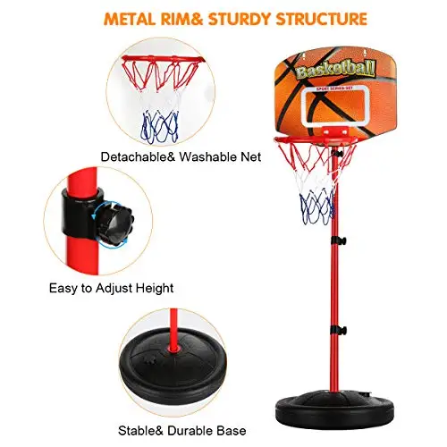 Hoop Stand Adjustable Height 2.5 ft -5.1 ft Mini Indoor Basketball Goal Toy with Ball Pump for Baby Kids