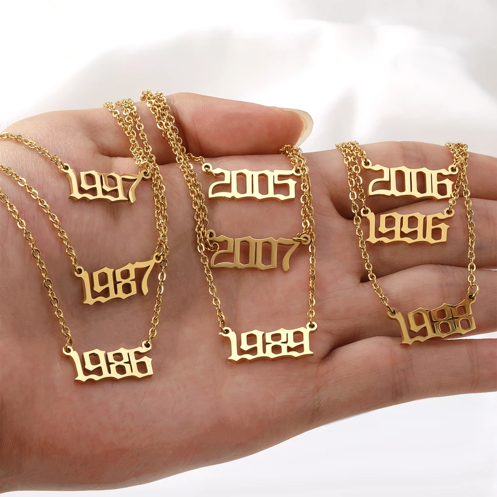 Wholesale customizable Fashion jewelry Year Of Birth Number Pendant 18k Gold Plated Stainless Steel letter Old English Necklace