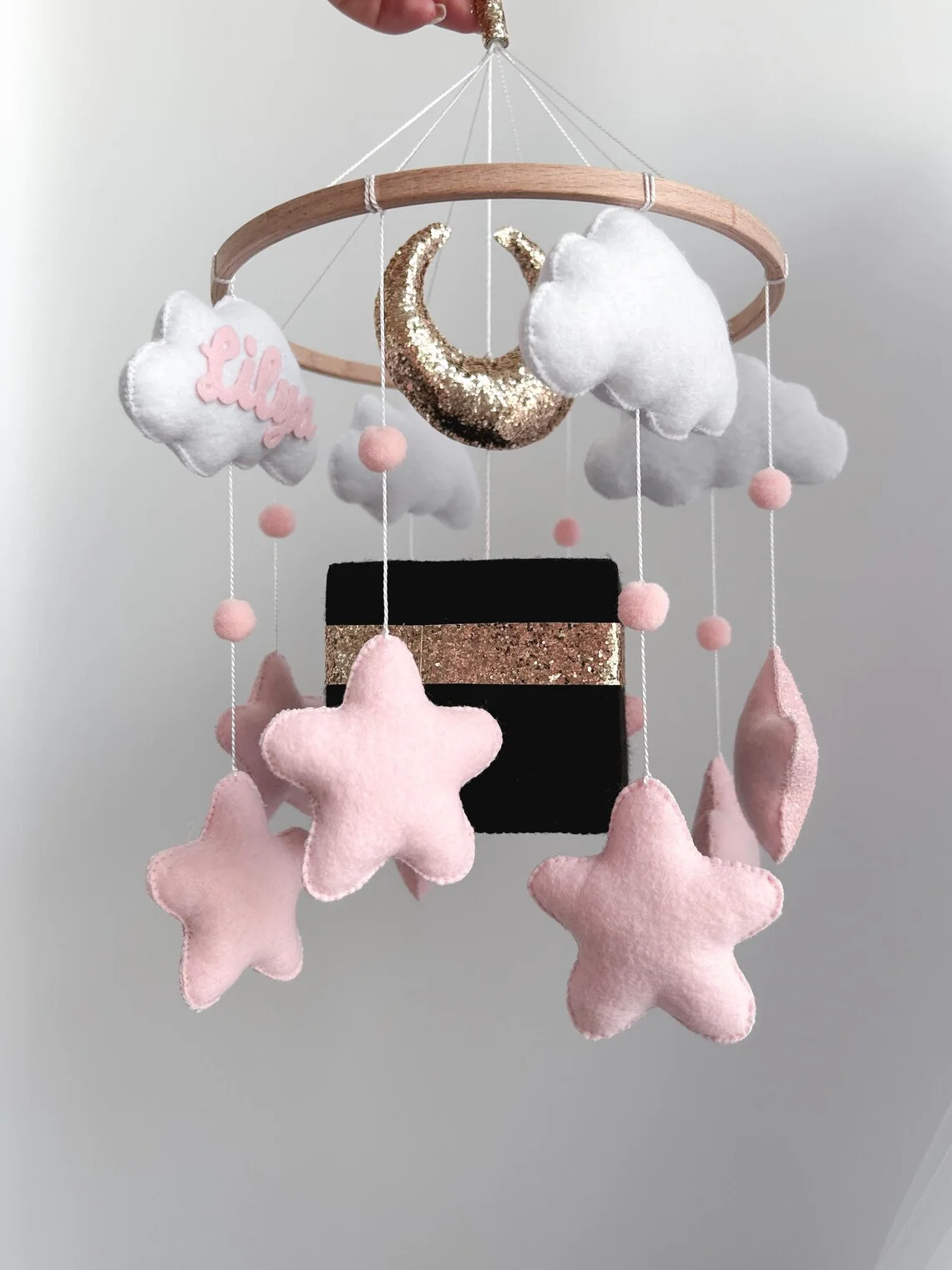 nursery decoration handmade pink soft islamic baby toys cube kaaba felt musical quran crib mobile for baby cot