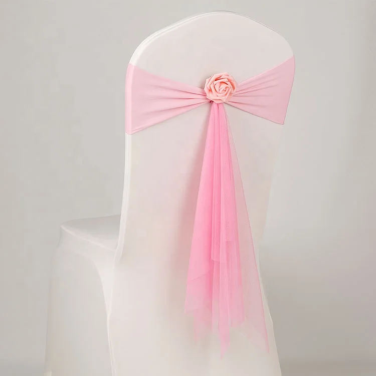 HOT SALE LONGSUN Organza chair sash bows with removable decorative artificial rose flower for wedding banquet