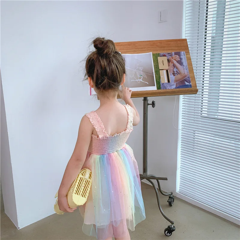 2022 Summer Princess Children Clothing Rainbow Tie-Dye Printed Strapless Lace Tutu Kids Sundress Girls Dress