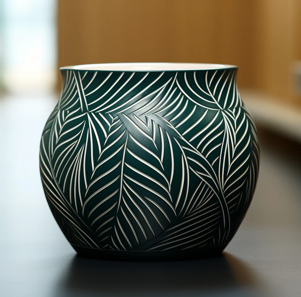 5 inch Ceramic Flowerpot Plant Vase - Woodcut-Inspired Graphics, Dark Teal and Dark White Artistry with Art Deco Flair