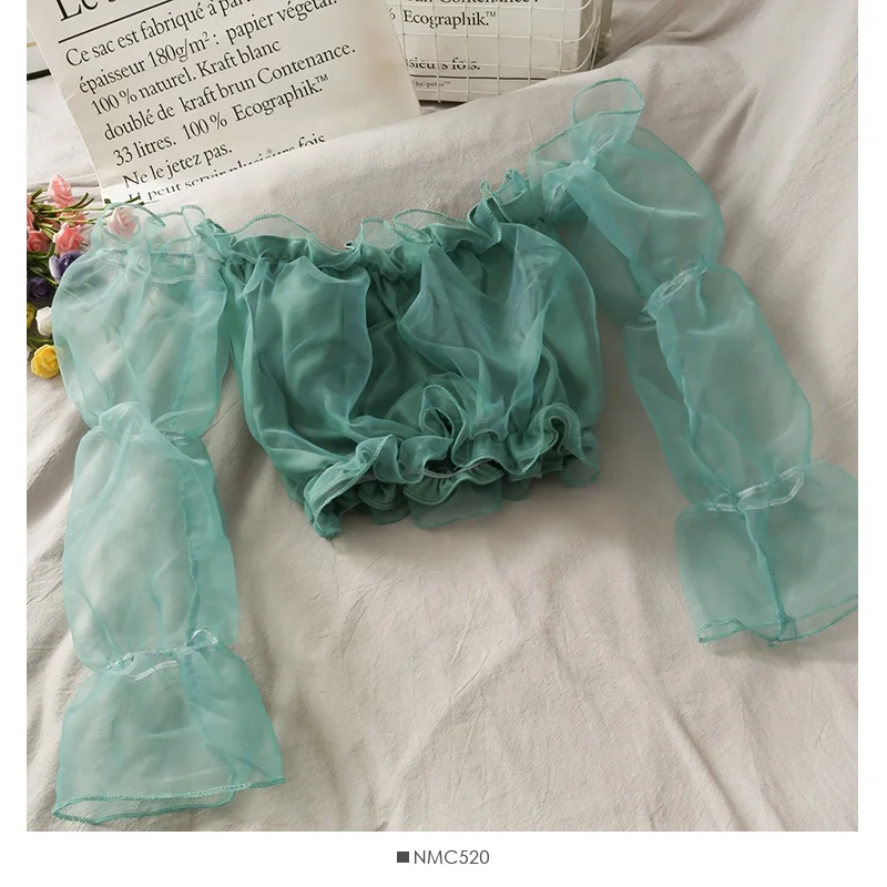Ruffled Off Shoulder Organza Short Blouses Trendy Spring Summer Sexy Solid Color Long Puff Sleeves Slim Cropped Tops T11415P