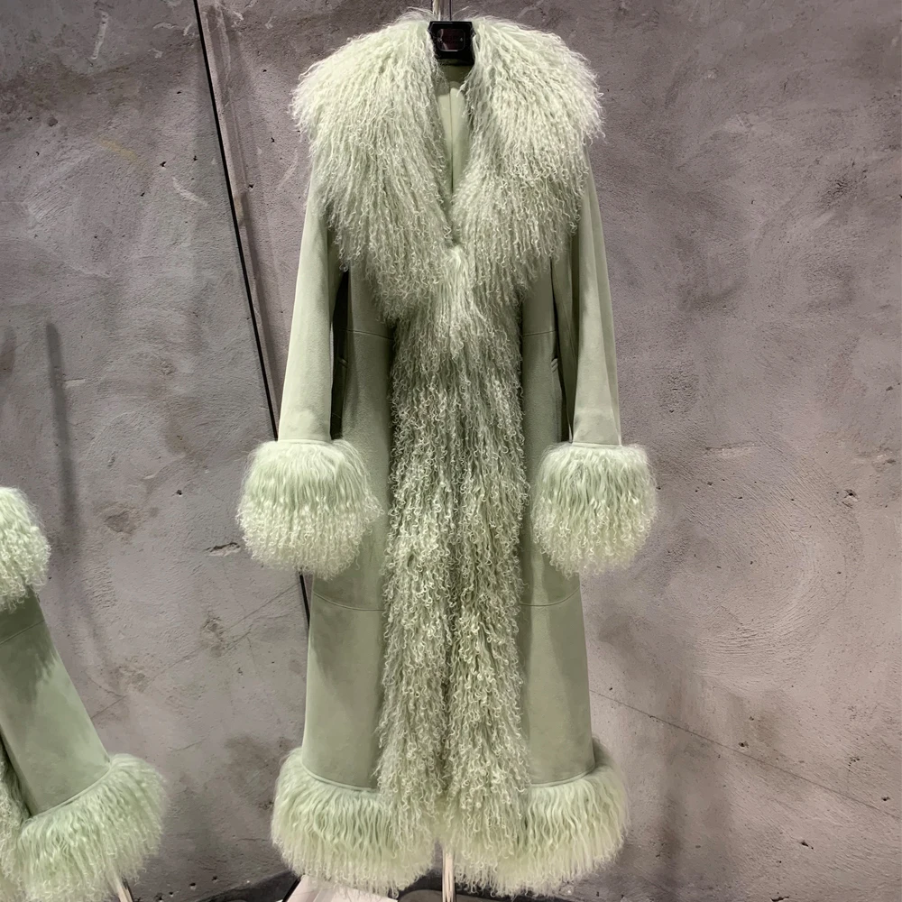 Light Green long leather jacket mongolian fur fabric suede coats women fur suede leather coat