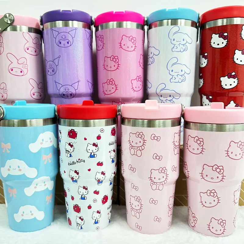 Hot Sell Anime Sanrioed Hello KT Cinnamoroll Flip Straw Tumbler with Handle Customized Brand Logo 14oz 20oz 30oz Insulated Cup