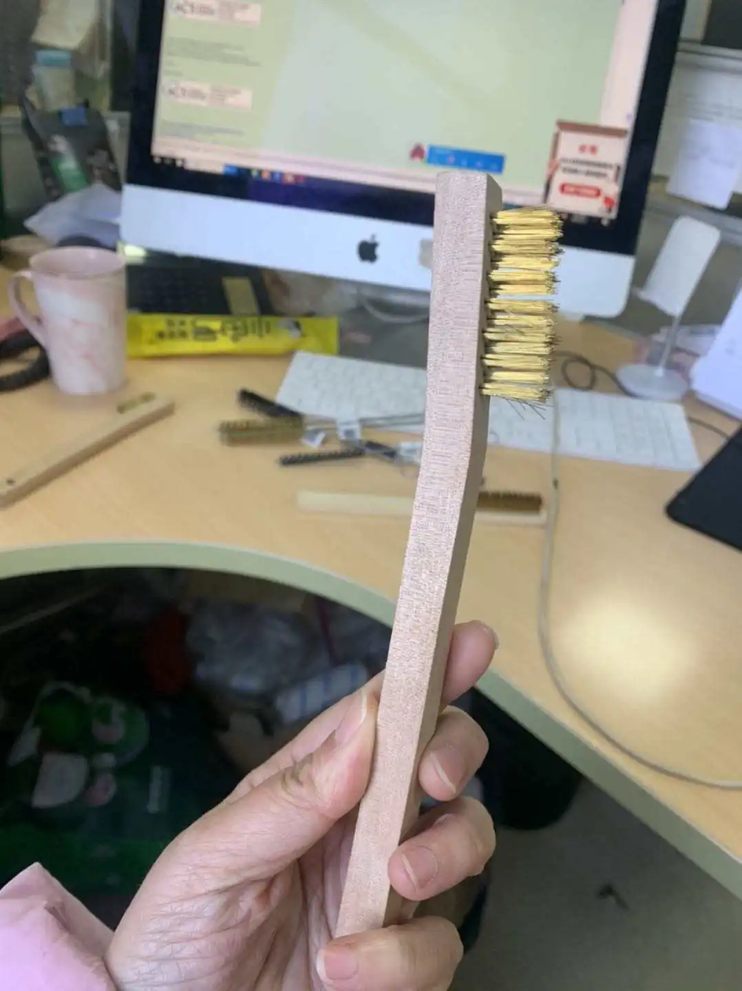 3*7 mini wire brush brass wire toothbrush wooden handle