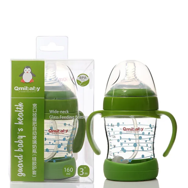 Anti-colic nipple wide-neck glass feeding bottle with handle with silicone cover