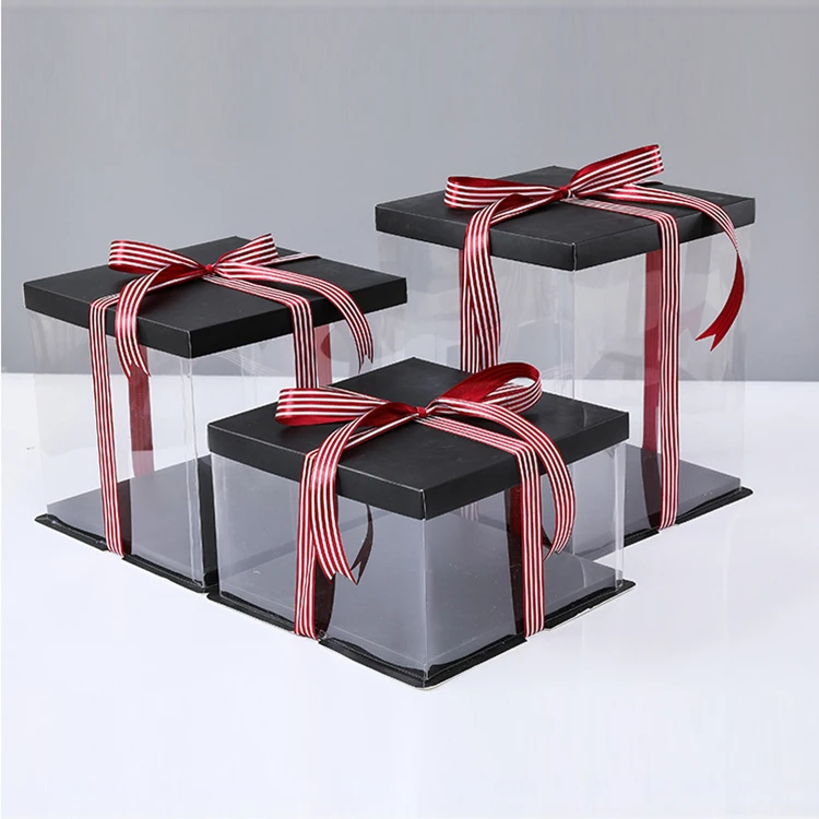 Luxury Custom Logo  Clear  Square Tall Transparent Cake Box Pet Pvc Wedding Birthday Party Gift Box