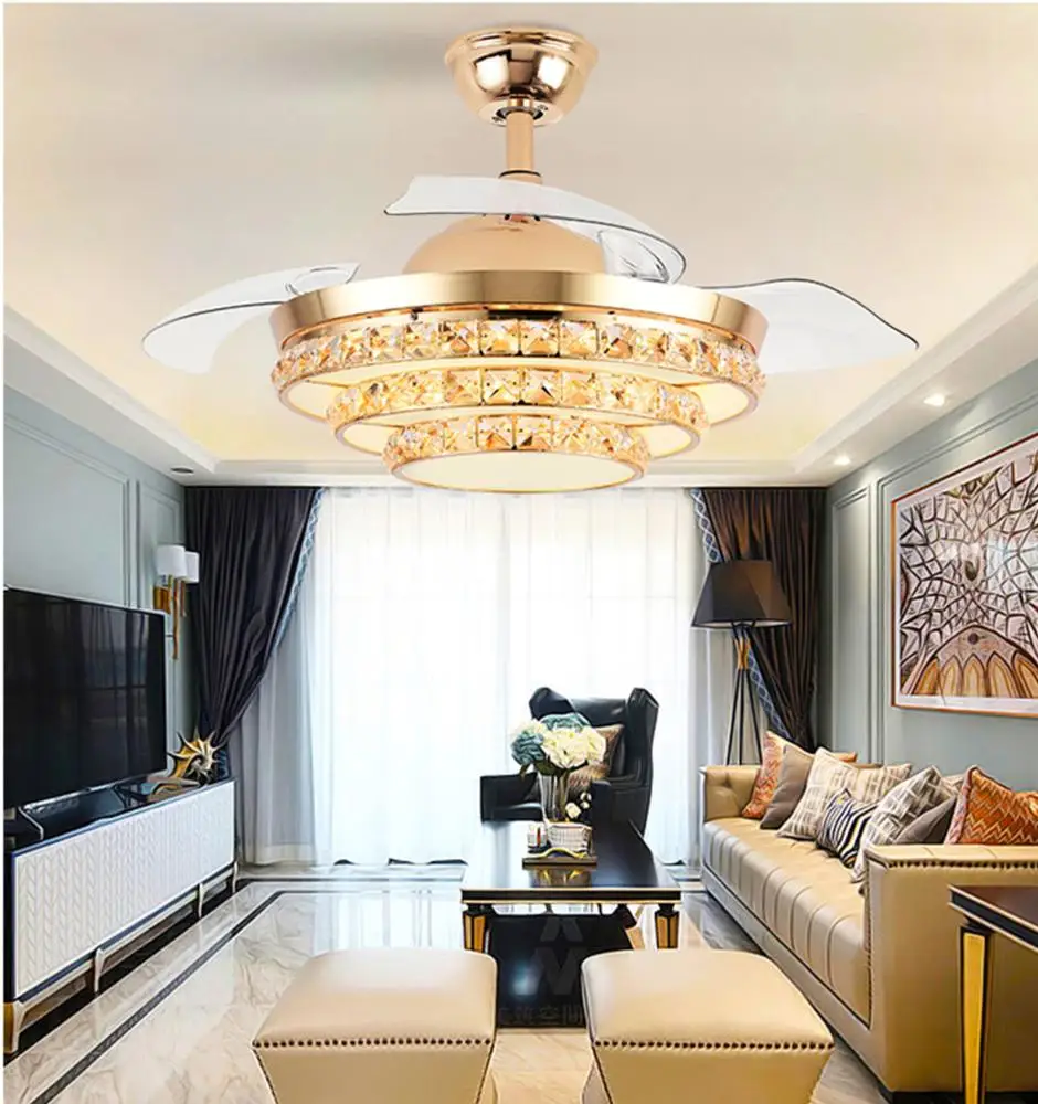 Dropship Zhongshan Factory Selling Modern Remote Control Luxury Crystal LED Invisible Ceiling Fan with Light table lamps hotels
