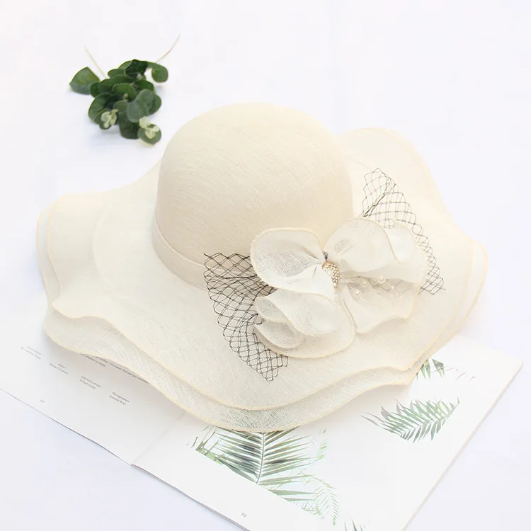 2022 Summer New Wavy Cotton And Linen Beach Hat Ladies Korean Flower Large Eaves Socialite Sun Hat