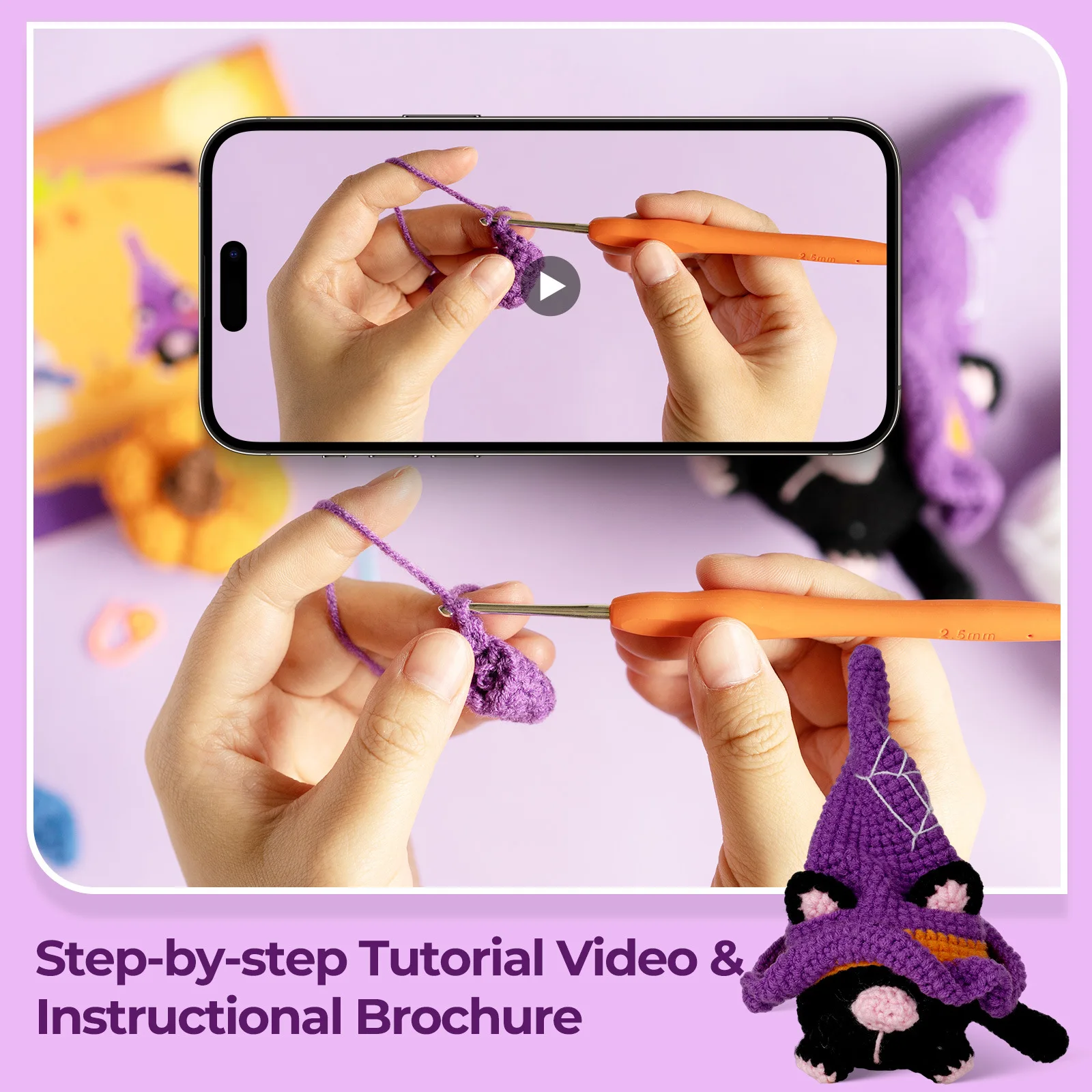 Halloween Cat DIY Knitting Crocheting Crafts Beginners Crochet Kit for Adults with Step-by-Step Video Tutorials