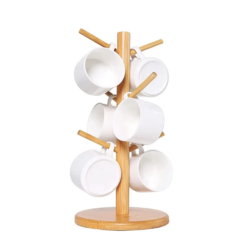 Counter Stand bar Mug Holder Tree Coffee Cup Holders for Counter Stand Bamboo Mug Rack  6 hooks wood bamboo  Coffee Mug Holder