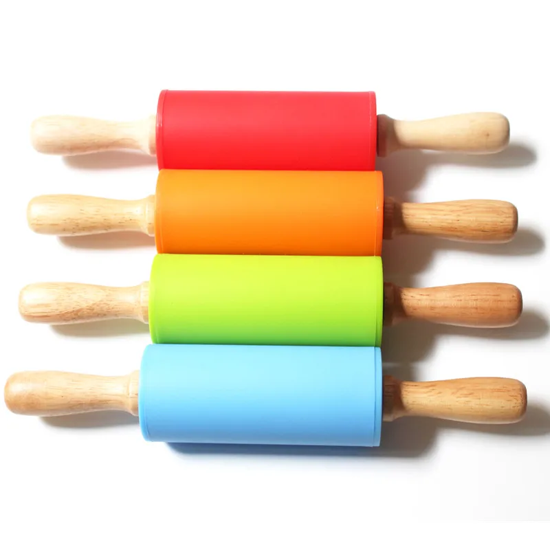 One Piece Eco-Friendly Silicone Rolling Pin with Wood Handle Small Size Dough Roller Baking Pastry Tools Includes Pastry Cutters
