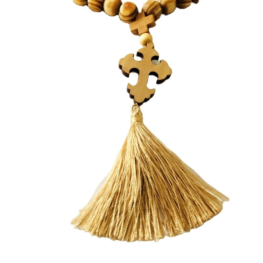 faux olive wood unfinished Prayer Beads orthodox Cross Rosary 11*12mm Wooden Beads Necklace car hanging rosary with brown tassel