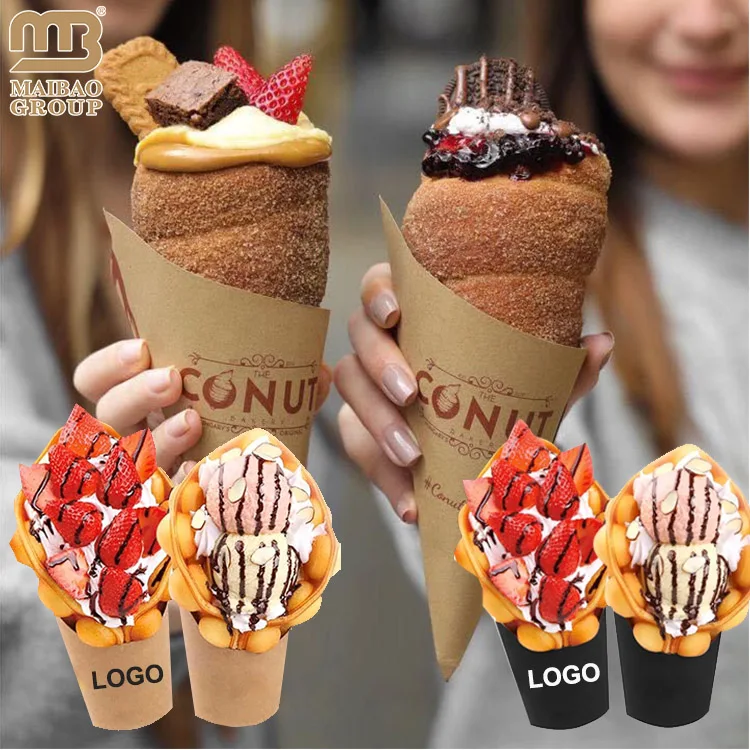 Custom Printed Disposable Paperboard Food Grade Packaging Pizza Packing Kraft Crepe Egg Bubble Waffle Ice Cream Paper Cone Cup