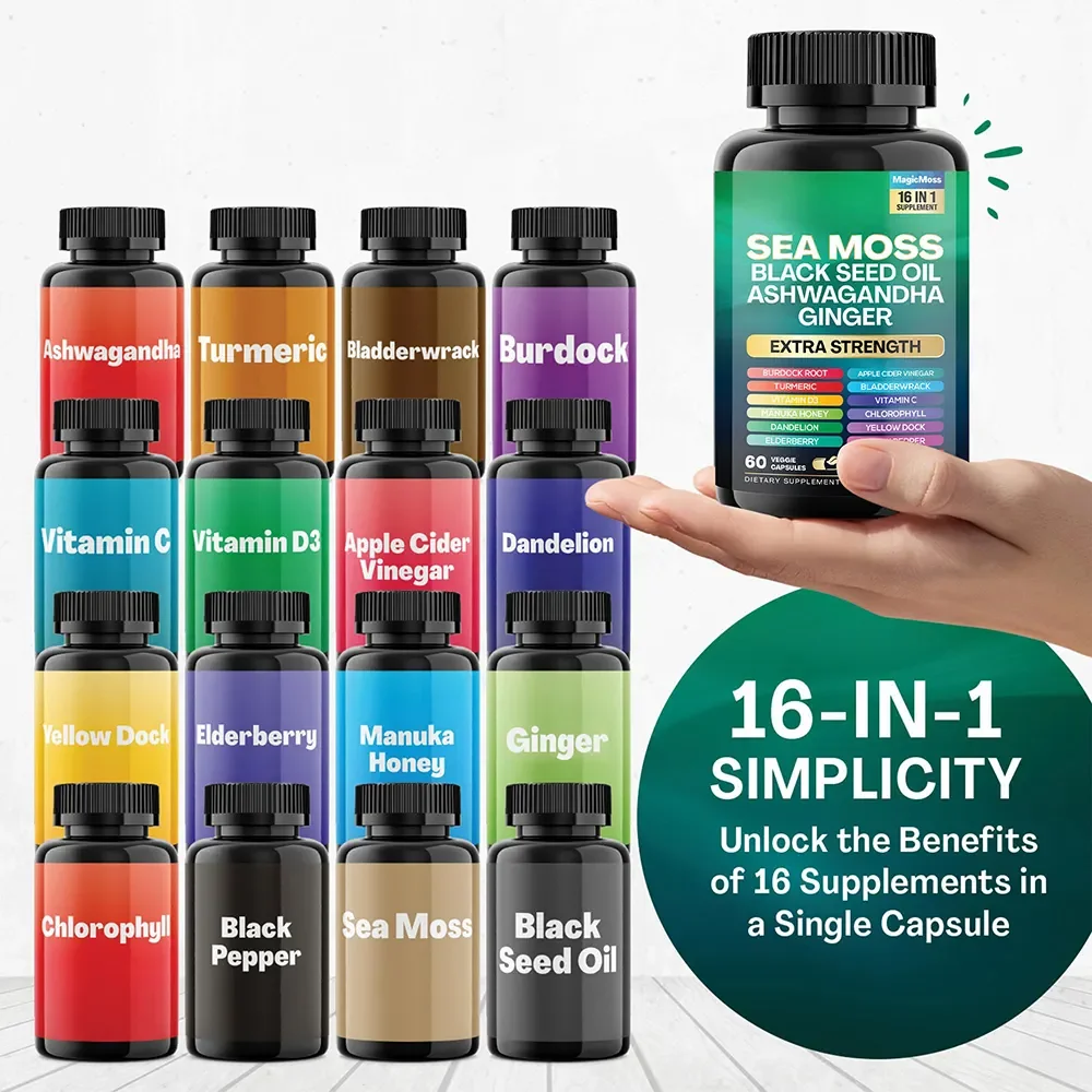 Private Label OEM Sea Moss Black Seed Oil Capsules Ashwagandha Turmeric Bladderwrack Burdock Ginger Vitamin Capsules