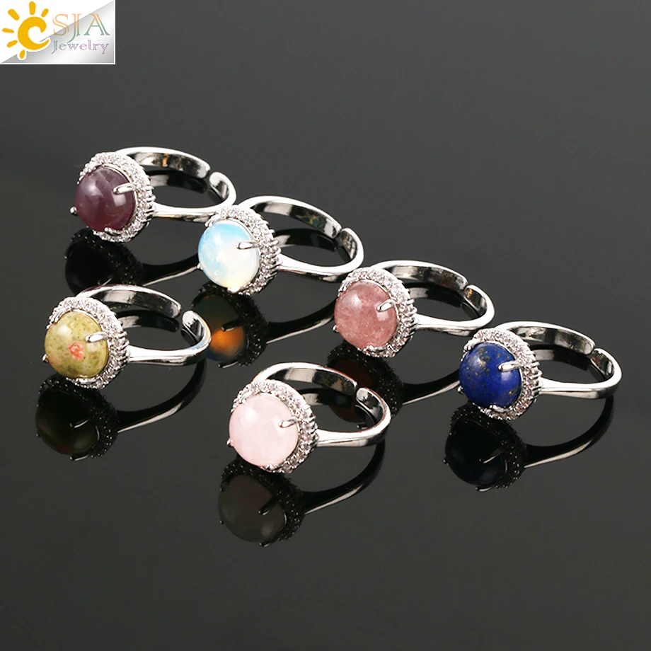 CSJA Trendy Jewelry Luxury Zircon Ring Natural Stone Round Cabochon Turquoise Rose Quartz Crystal Rings For Women Teen Girl H263