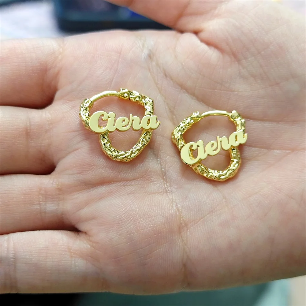 Lateefah OEM 18K Gold Stainless Steel Heart Hoop Earring Custom Name Letter Personalized Earrings