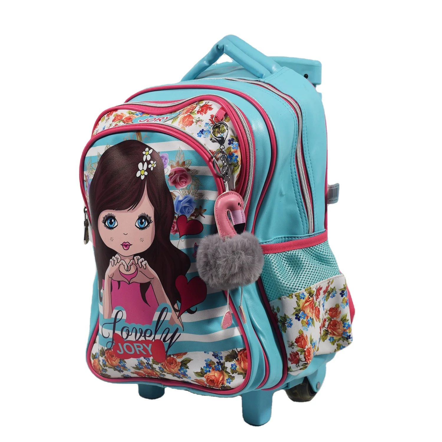 Wholesale Girls Stylish Cartoon Kids School Bag Large Capacity Portable Students Trolley Backpack Wheels Fashionable Design