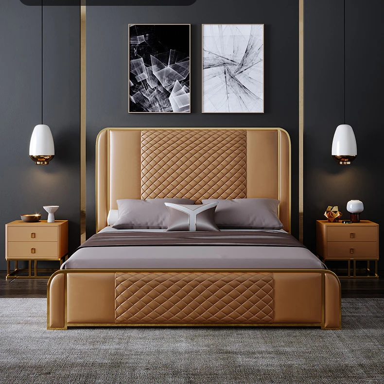 Luxury Modern High quality leather bed set with Metal frame for bedroom furniture