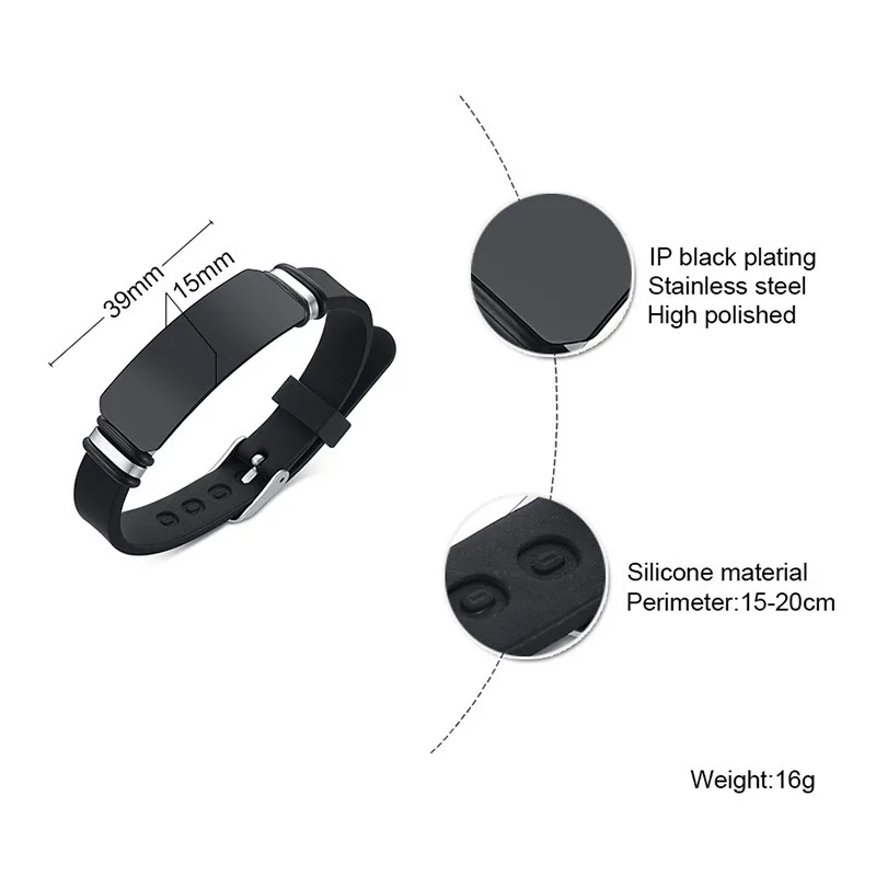 Custom Engravable Bar Black Single Silicone Mens Stainless Steel Adjustable Bracelet