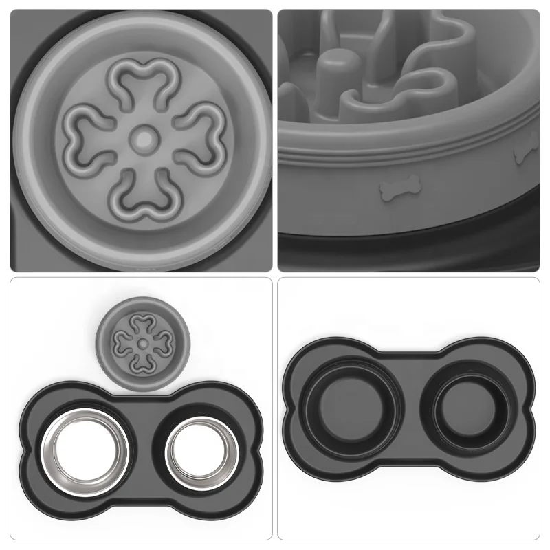 Slow Feeder Dog Bowls Stainless Steel  Food and Water Bowls with No-Spill Silicone Mat Slow Down Eating Pet Bowl