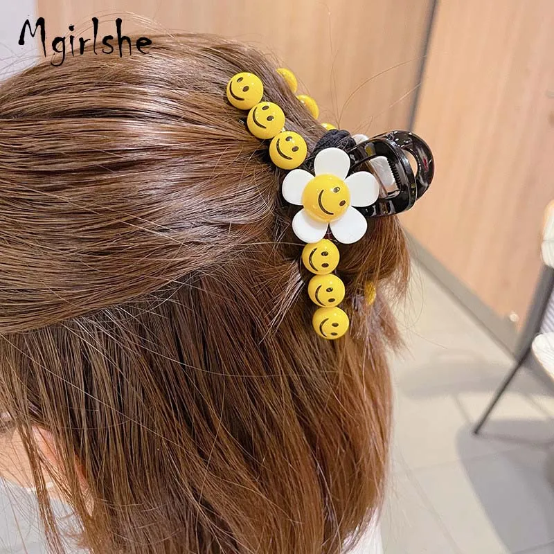 
Mgirlshe Hairclips NonSlip Hair Claw Clips for Women Girls Large Hairgrips for Thick Hair Happy Face Pearls Acrylic Barretes 