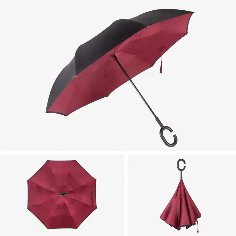 New Model Inverted Reverse Umbrella Double Layers Sun Rain Car Umbrella Upside Down Umbrella Automatic With C Shape Handle