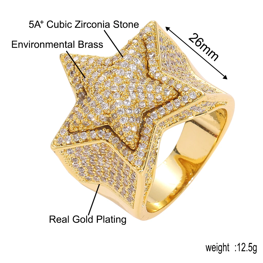 Hip Hop Fashion Luxury Jewelry High Quality Full Pave AAAAA CZ Stone Five Pointed 3D Star Punky Rappers Rings For Men