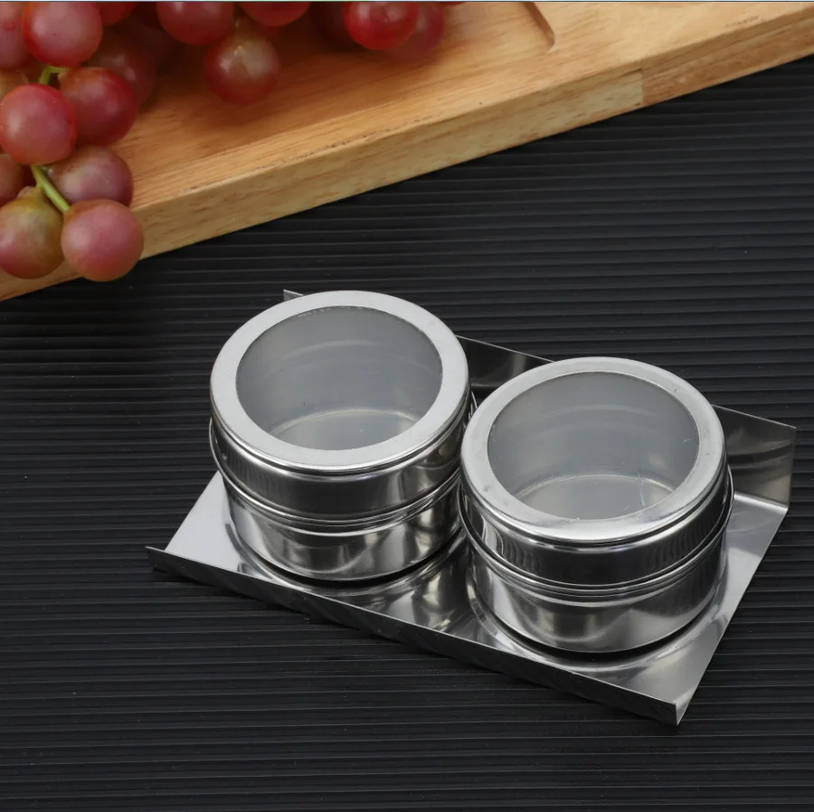 2pcs Kitchen Tool Metal Round Stainless Steel Magnetic Refrigerator Spice Seasoning Container Jar Tins Set Rack With Magnet Jars