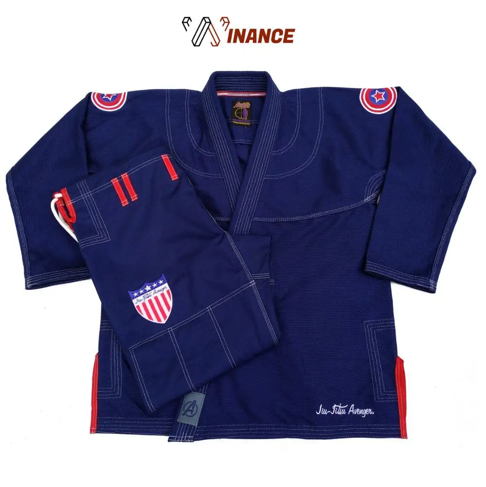 Синий bjj gi 100% хлопок предварительно зауженный bjj gi бразильский джиу-джитсу gi кимоно с пользовательской вышивкой, тканая лента и пользовательские нашивки