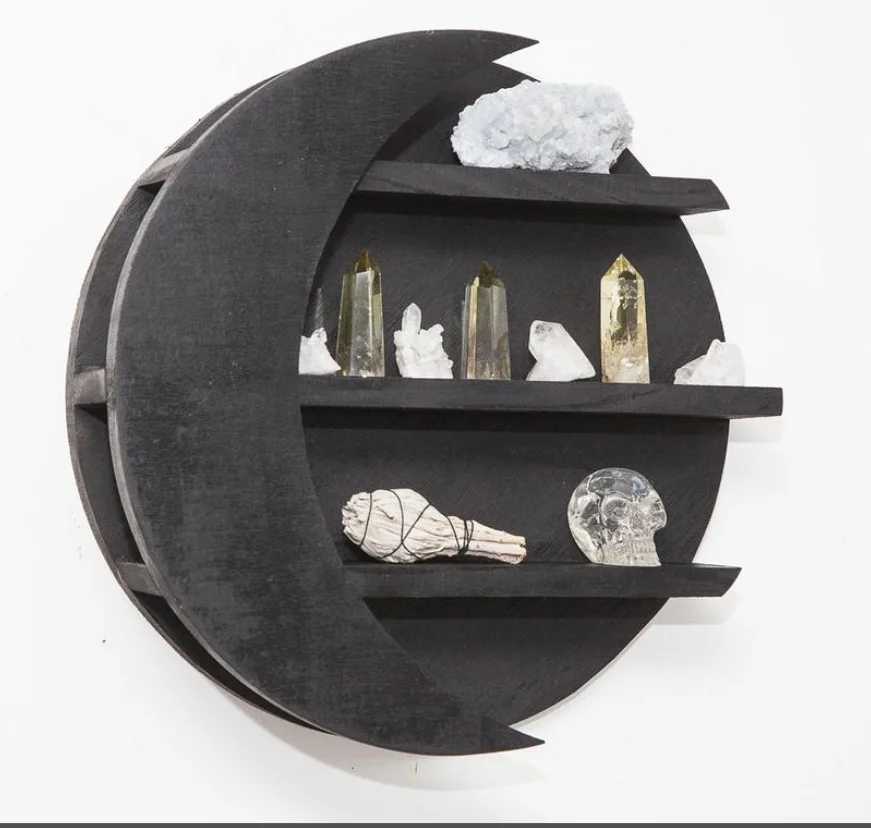 Wall mounted display natural wooden crescent half moon shelf for crystal