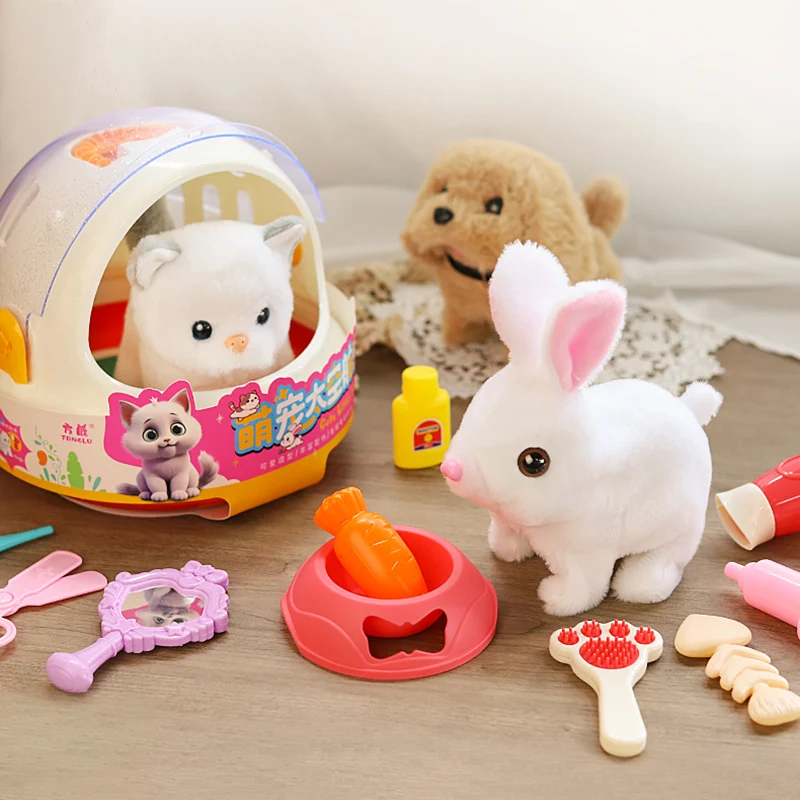 New Pet Care Set Electronic Plush Animals with Cage Pretend Play Toys for Children