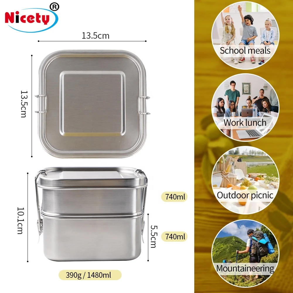 Square Lunch Box With Stainless Steel Complete Meal Prep 2 Layer Bento Box For Adult Leakproof Food Containers For Kids