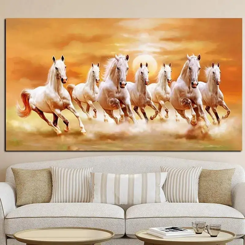 Wholesale seven running white horses animal canvas painting modern gold poster and decorative art crystal porcelain painting